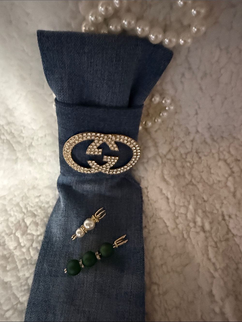 Gucci Blue Denim Tie with Crystal GG and Embroidered Patches - Picture 2 of 5
